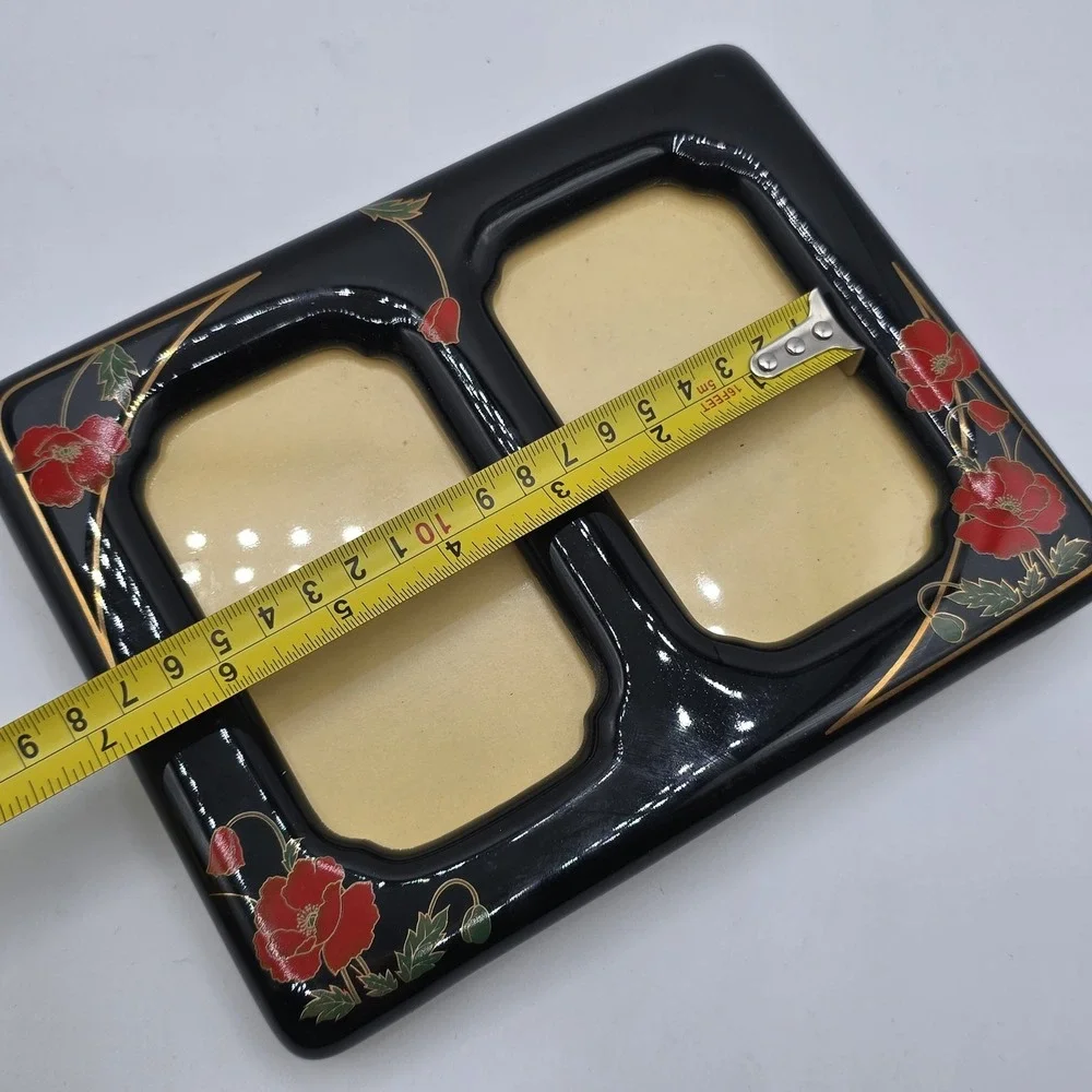 Vintage Double Photo Frame Black Ceramic Red Flowers Bird Japan Holds 4.5x3